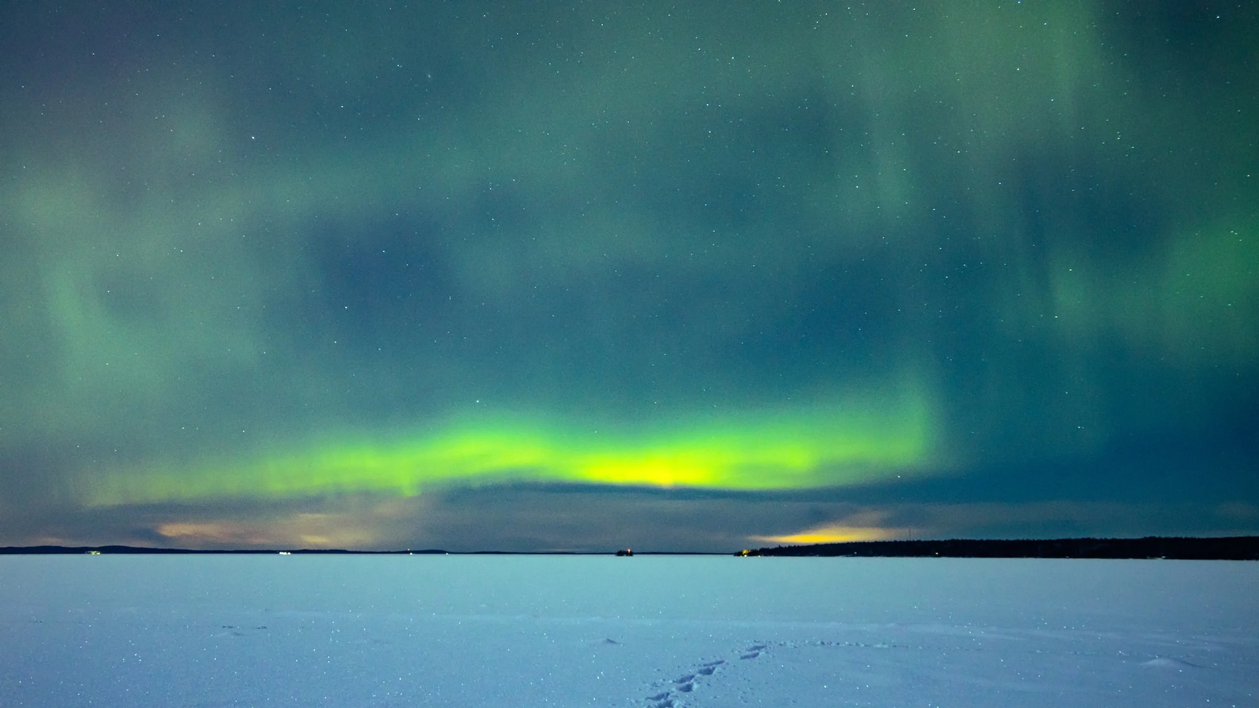 Snowy landscape with green aurora borealis lights in the sky