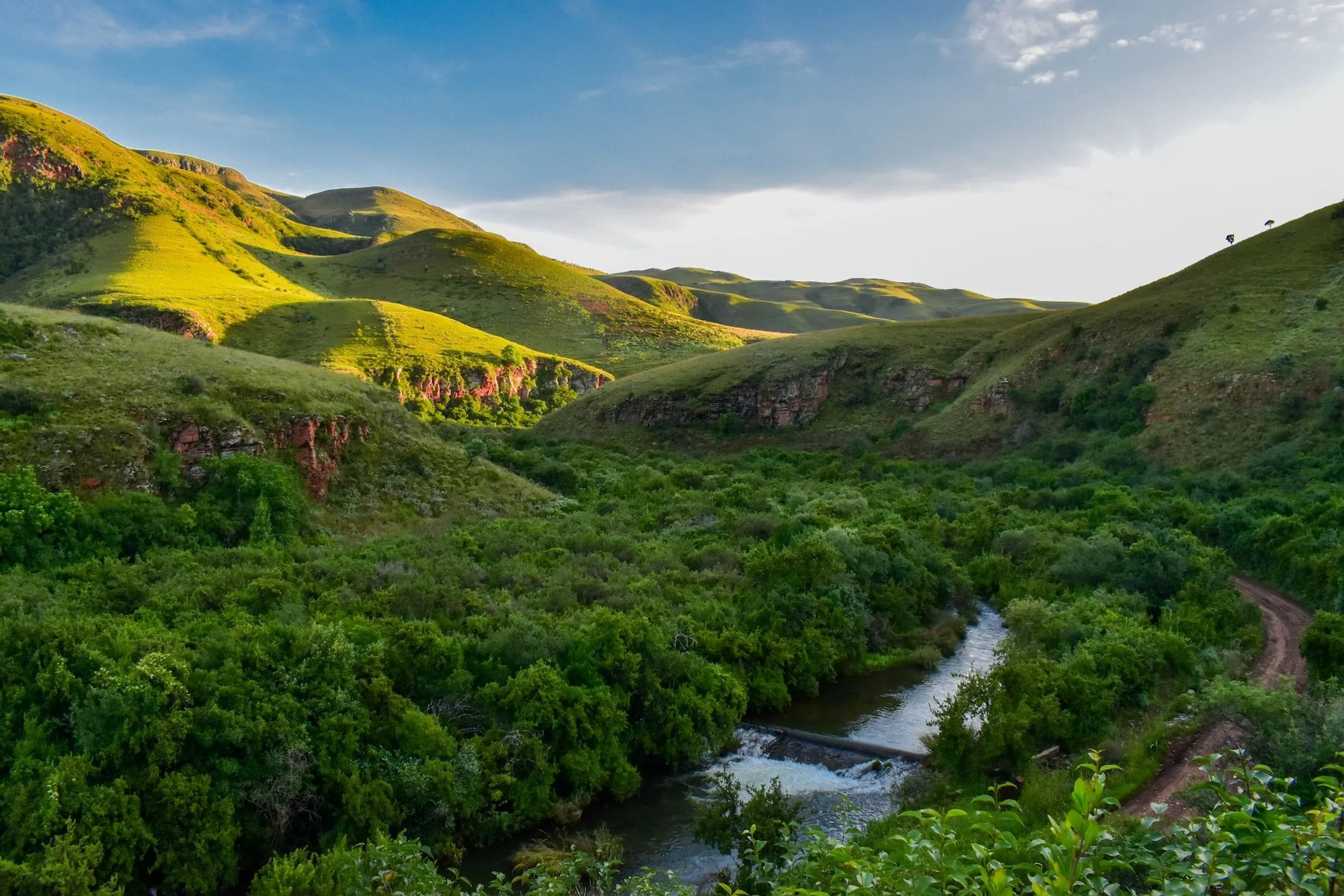Green hills and valley of the Drakensberg Mountains