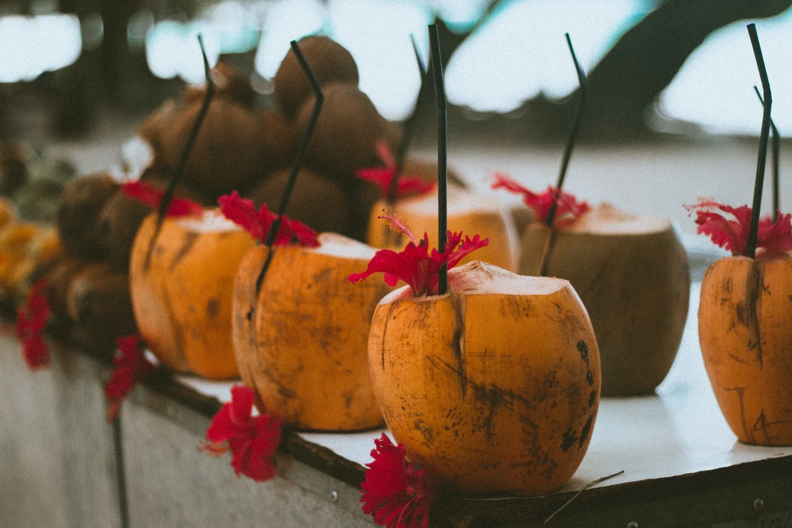 Fresh coconuts cut for drinking 