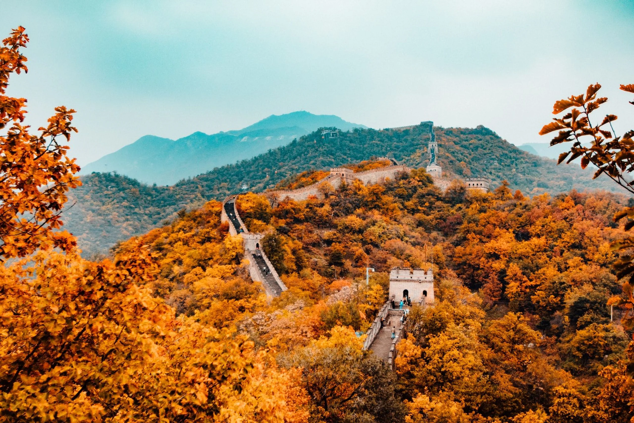 Great Wall of China during autumn with surrounding trees turning orange